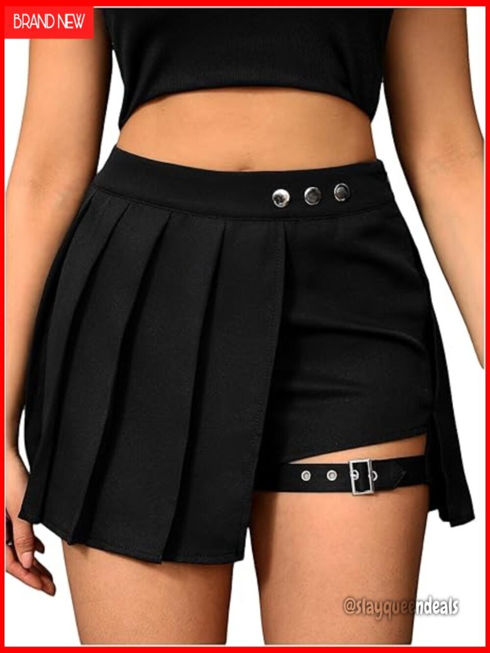 High Waisted Pleated Mini Skirt with Buckle Detail, Polyester A-Line